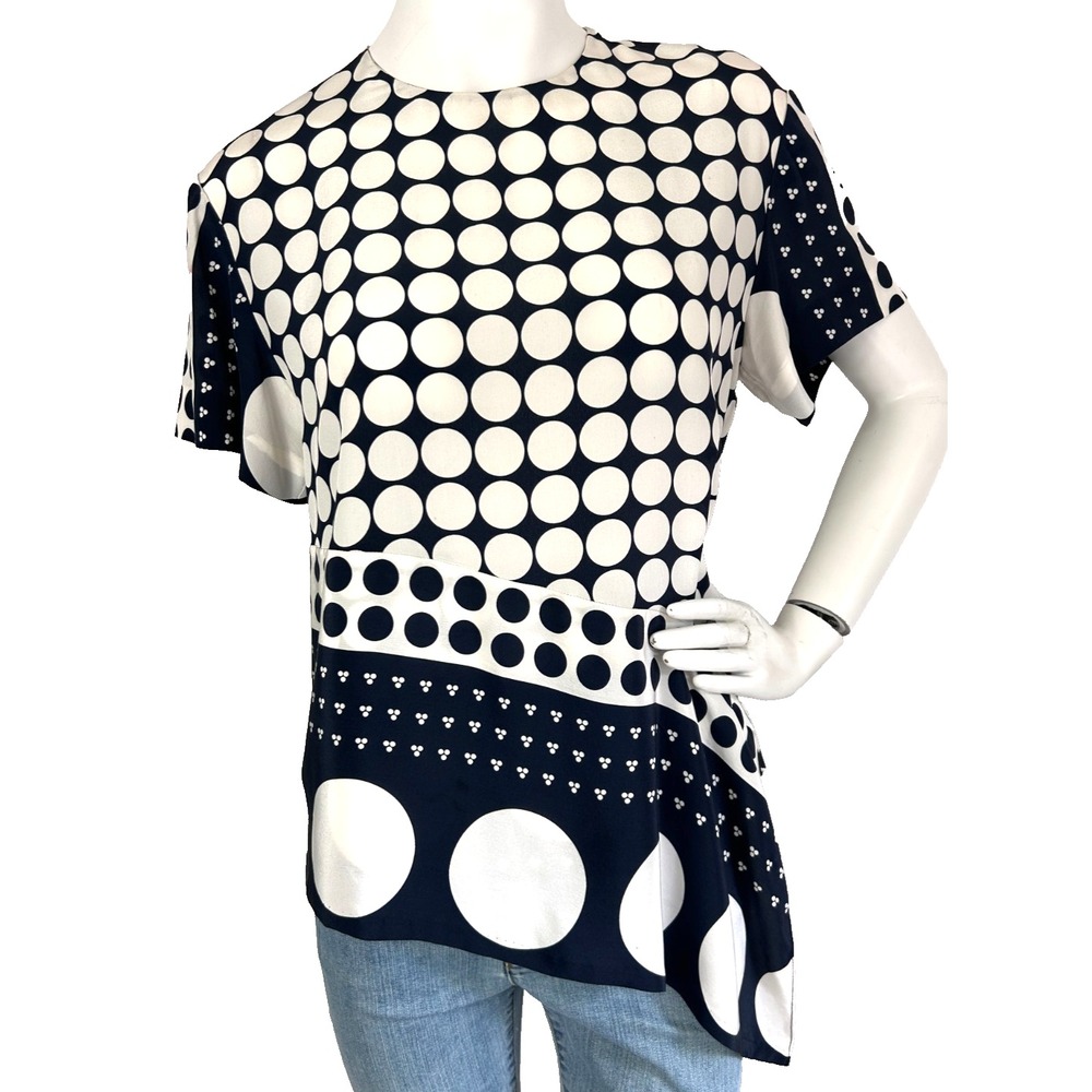 DVF Diane von Furstenberg 100% Silk Mixed Dot Asymmetric Top Blouse Small